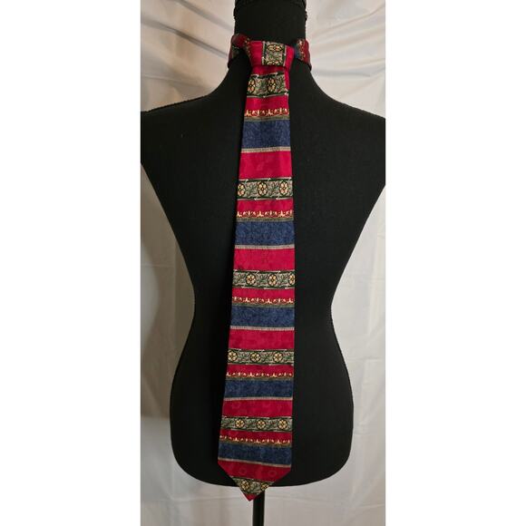 Vtg Roundtree & Yorke Necktie Men's 60" Wine & Blue Horizontal Pattern 100% Silk - Picture 1 of 4